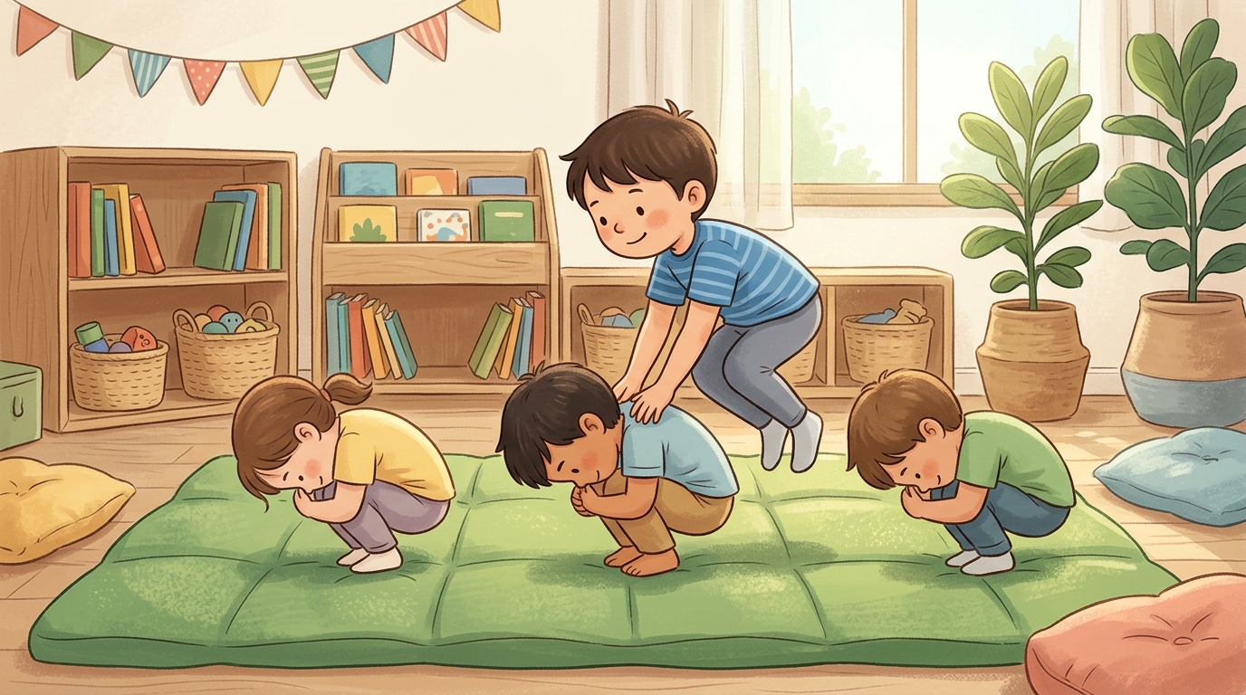 Cartoon illustration of a parent and child outdoors doing Leapfrog Line.