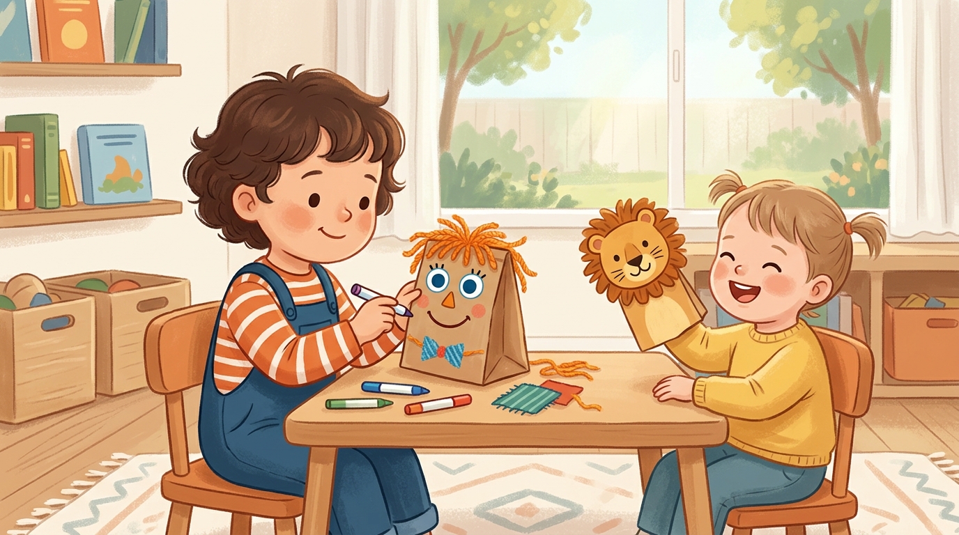 Cartoon illustration of a parent and child at home doing Paper Bag Puppet.