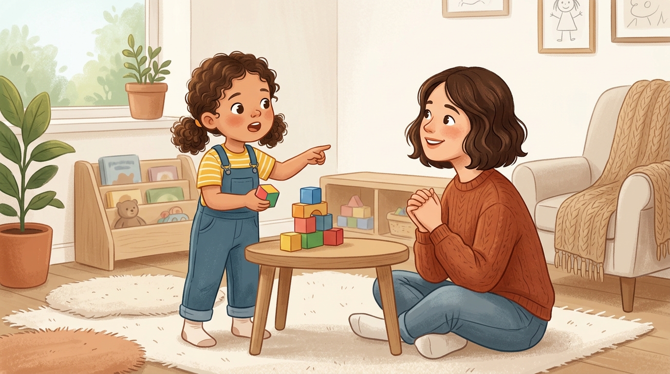 Cartoon illustration of a parent and child at home doing Child Expert Session.