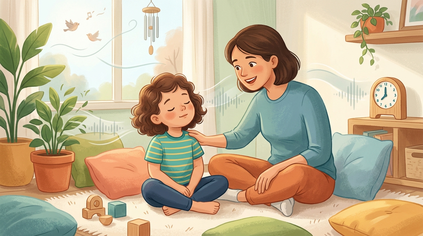 Cartoon illustration of a parent and child at home doing Sound Hunt.