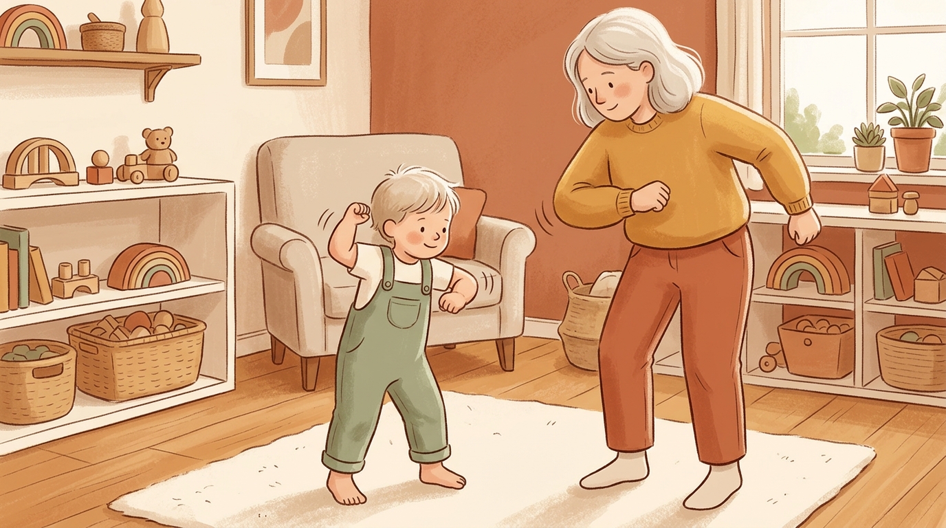 Cartoon illustration of a parent and child at home doing Elbows Lead Feet Stay.