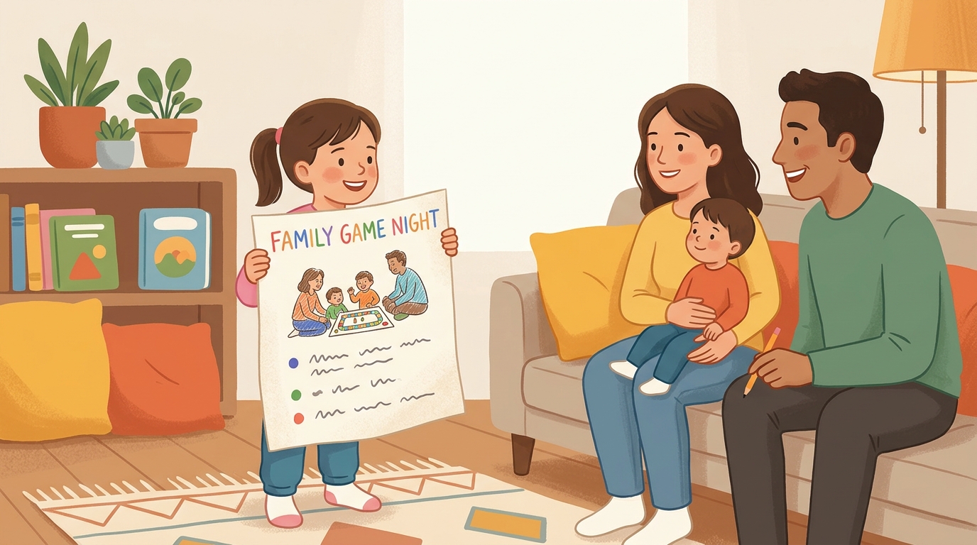 Cartoon illustration of a parent and child at home doing Make Your Case Poster.
