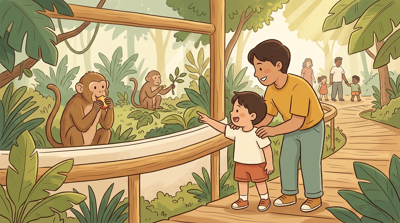 Cartoon illustration of a parent and child at home doing Spot A Snack.
