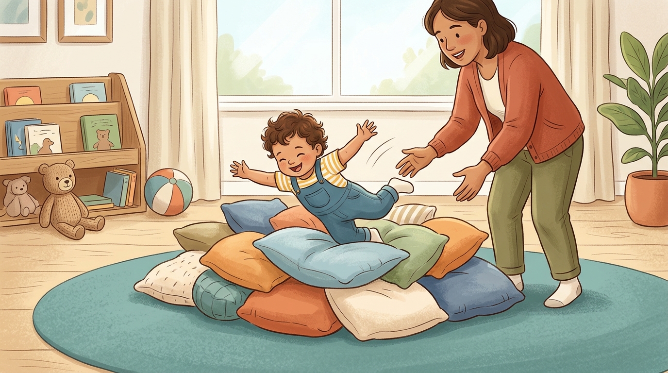 Cartoon illustration of a parent and child at home doing Crash and Land Cushions.