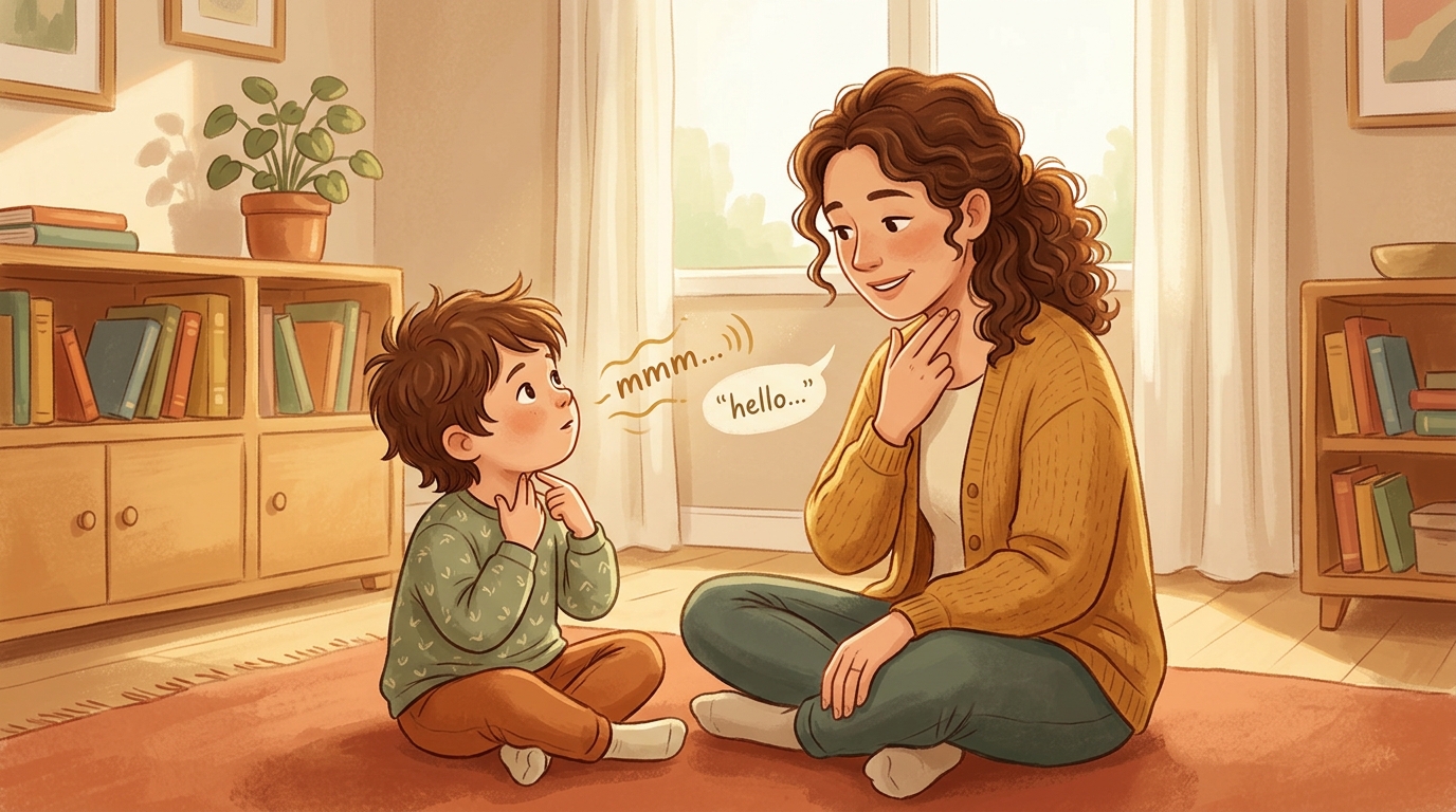 Cartoon illustration of a parent and child at home doing Hum And Feel.