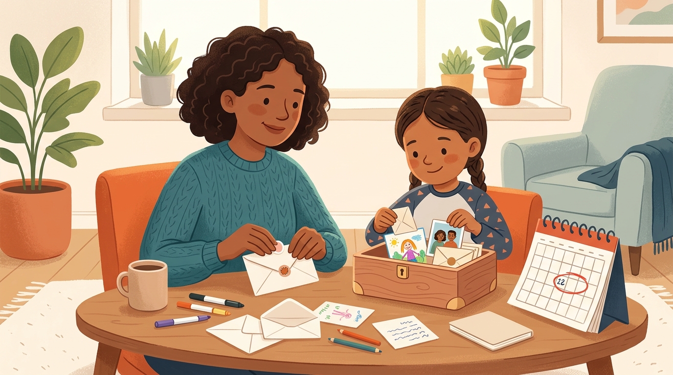 Cartoon illustration of a parent and child at home doing Future Self Time Capsule.