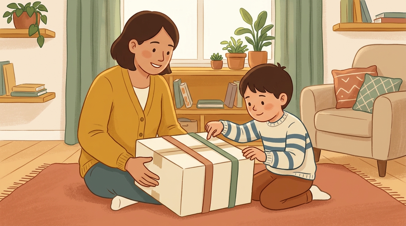 Cartoon illustration of a parent and child at home doing Rubber Band Pitch Test.