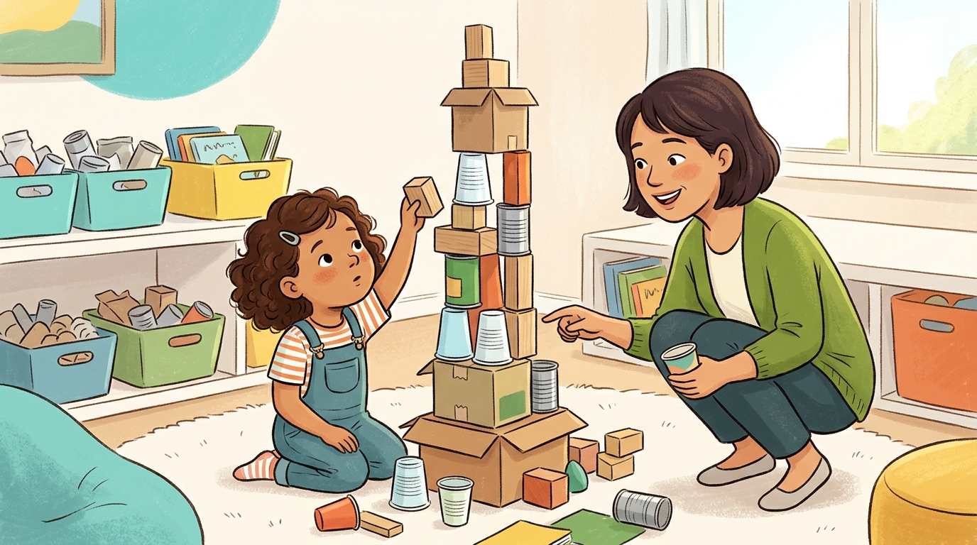 Cartoon illustration of a parent and child at home doing Build It Taller Challenge.