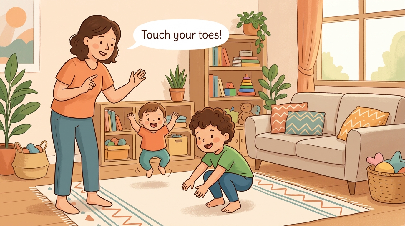 Cartoon illustration of a parent and child at home: adult calls actions - touch your toes, jump three times, spin around.