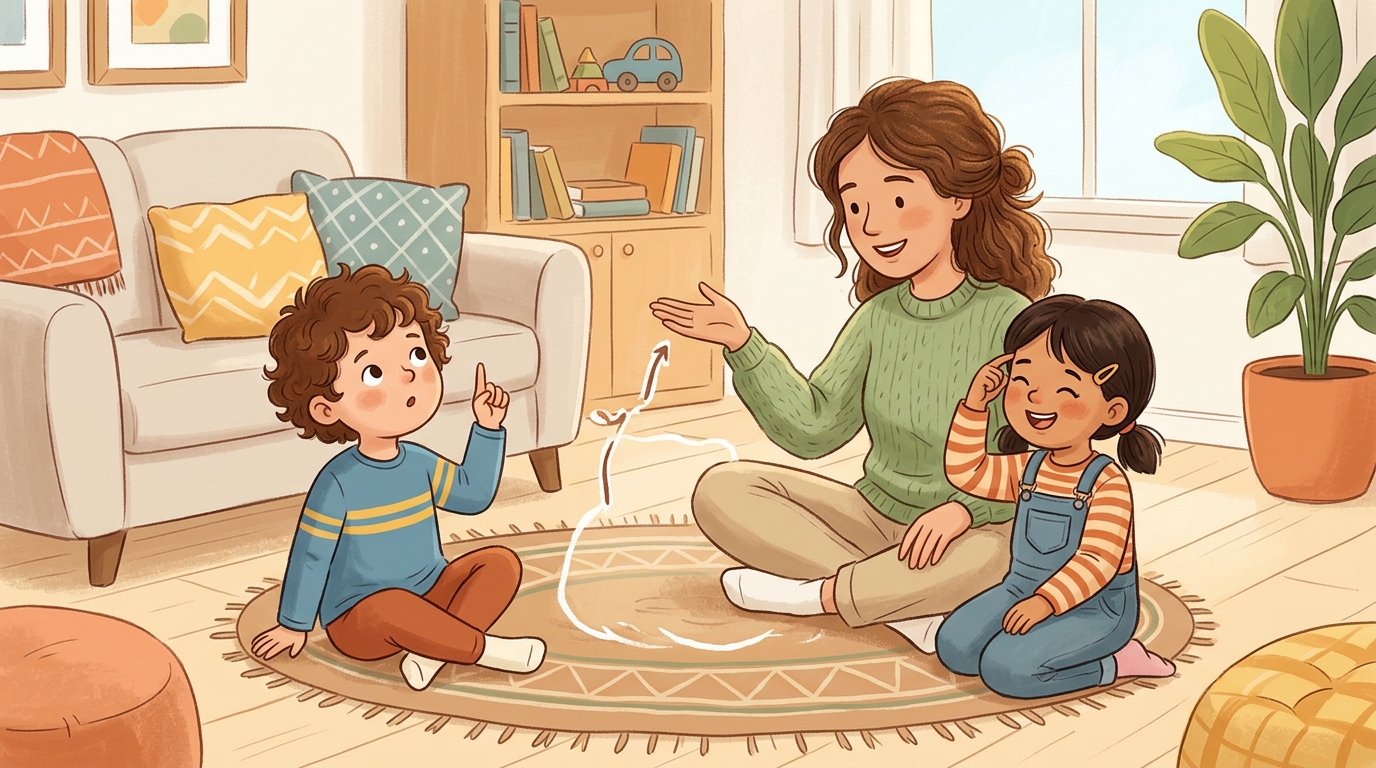 Cartoon illustration of a parent and child at home: memory chain game where each person adds one item to the bag.