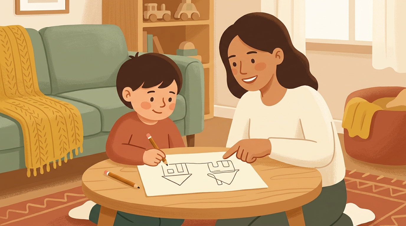 Cartoon illustration of a parent and child at home doing Try The Rule First.