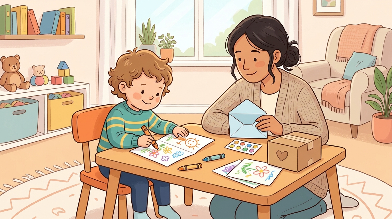Cartoon illustration of a parent and child at home doing Letter or Card for Someone.