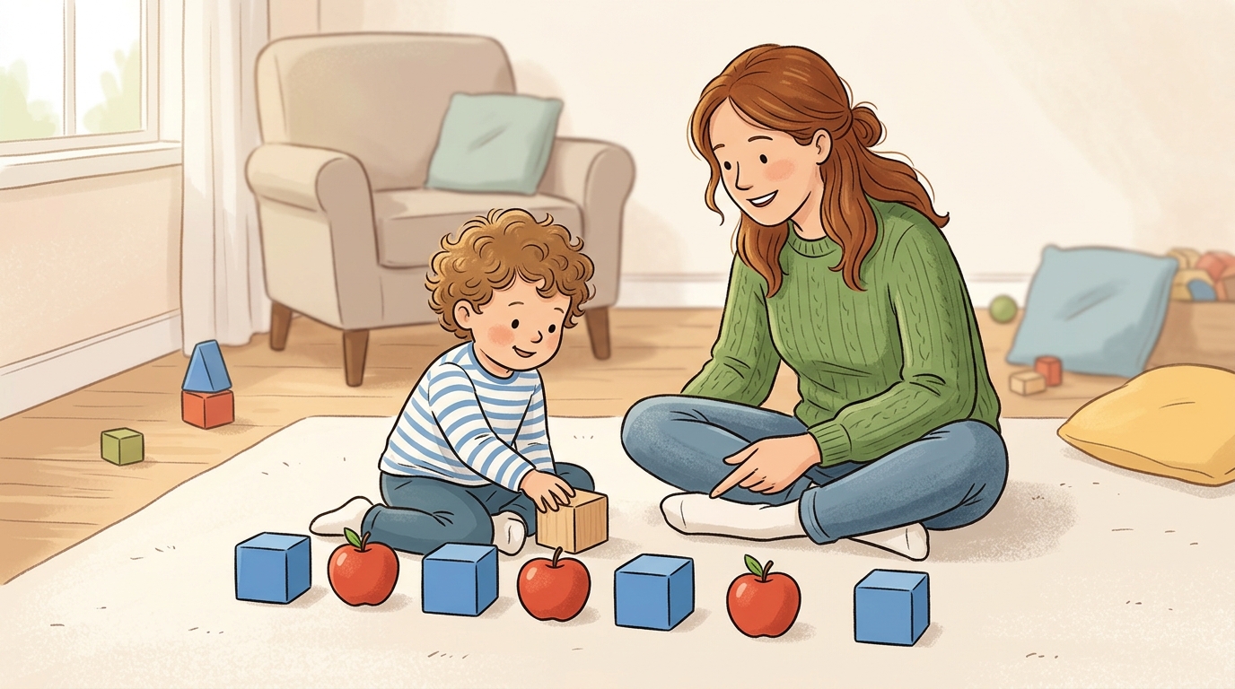 Cartoon illustration of a parent and child at home doing Make an AB Pattern.