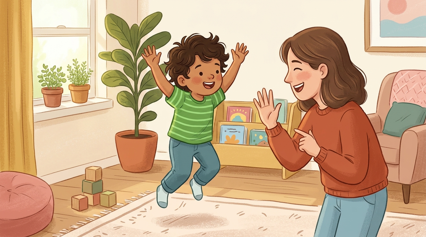 Cartoon illustration of a parent and child at home doing Animal Movement Freeze.