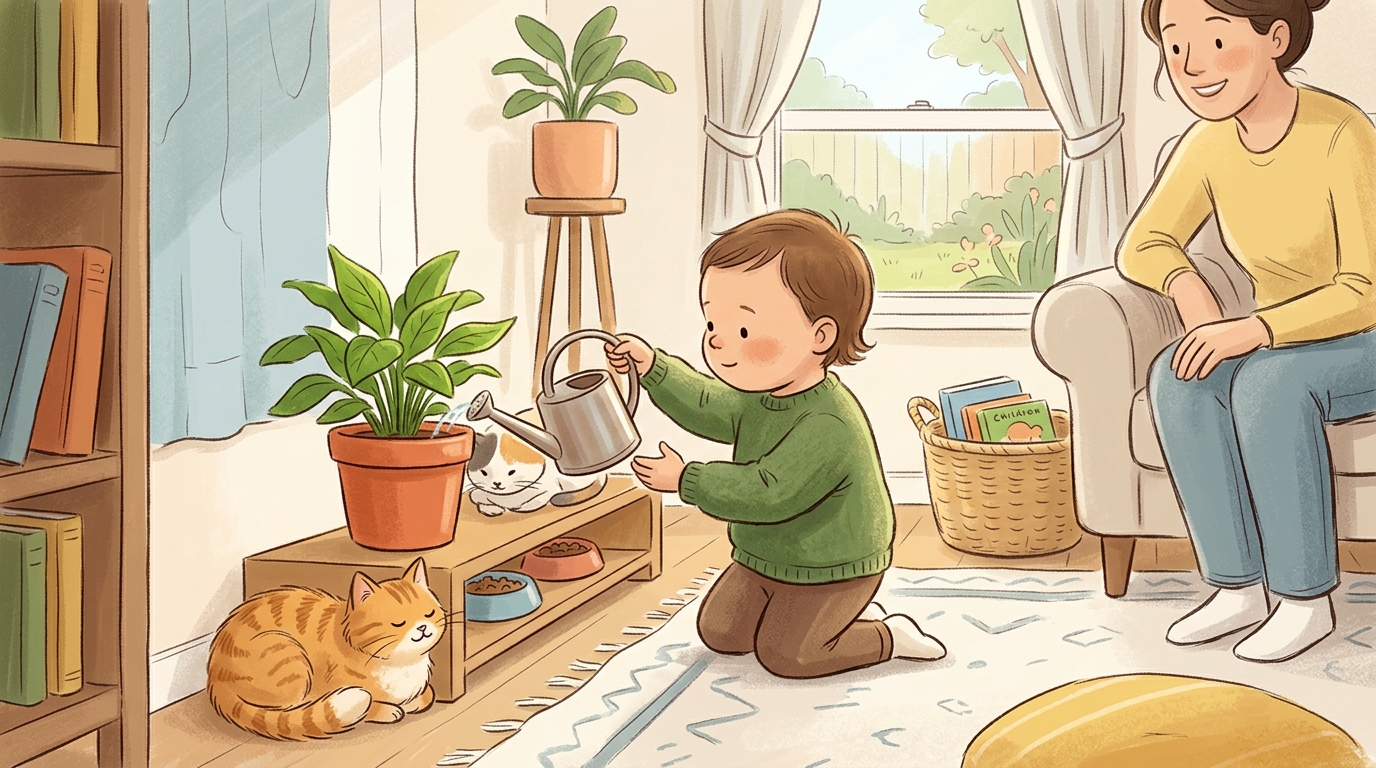 Cartoon illustration of a parent and child at home doing Feed the Plant Job.