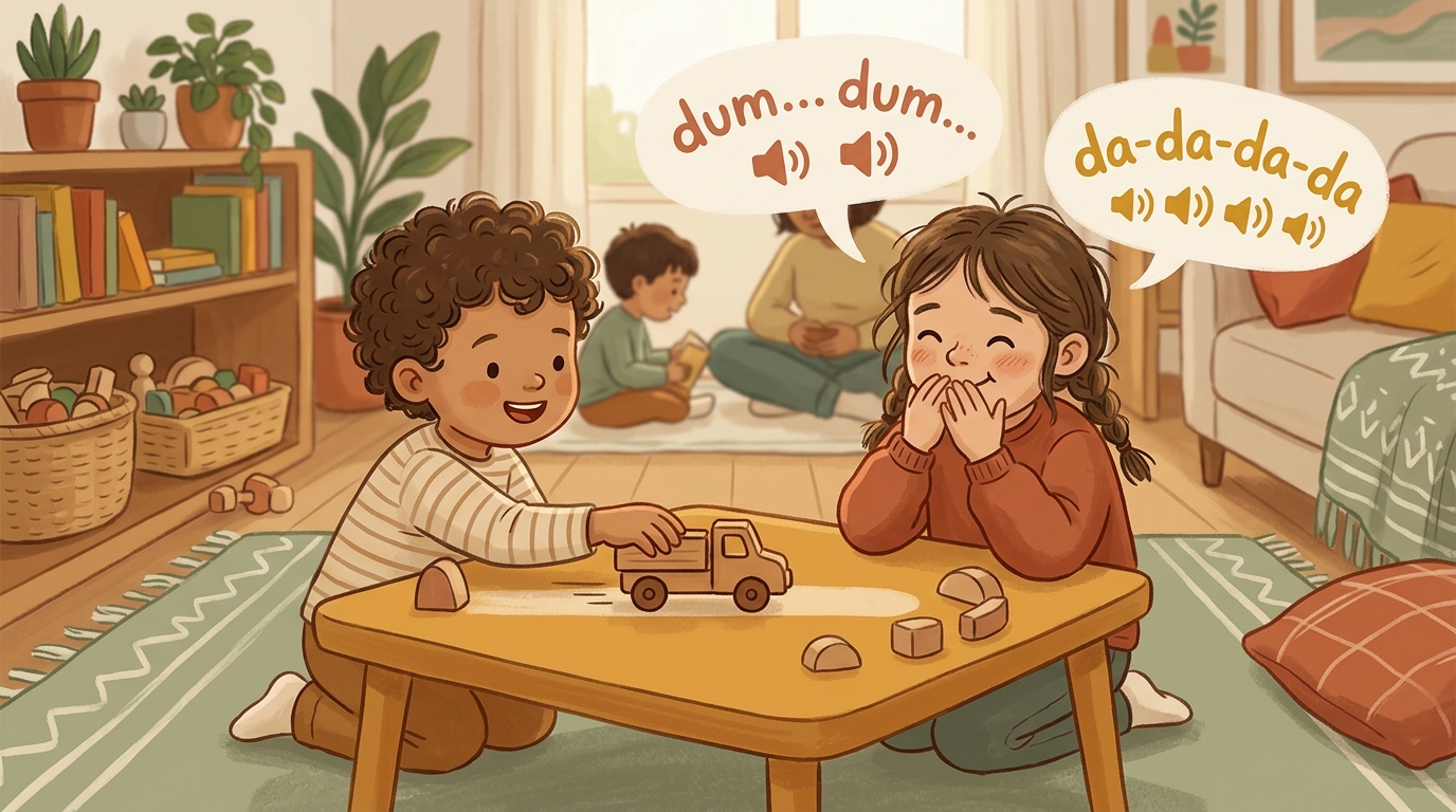 Cartoon illustration of a parent and child at home doing Toy Trailer Test.