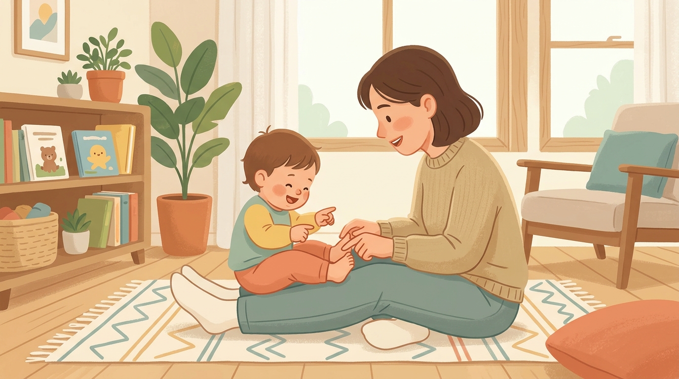 Cartoon illustration of a parent and child at home doing Body Parts Touch Song.