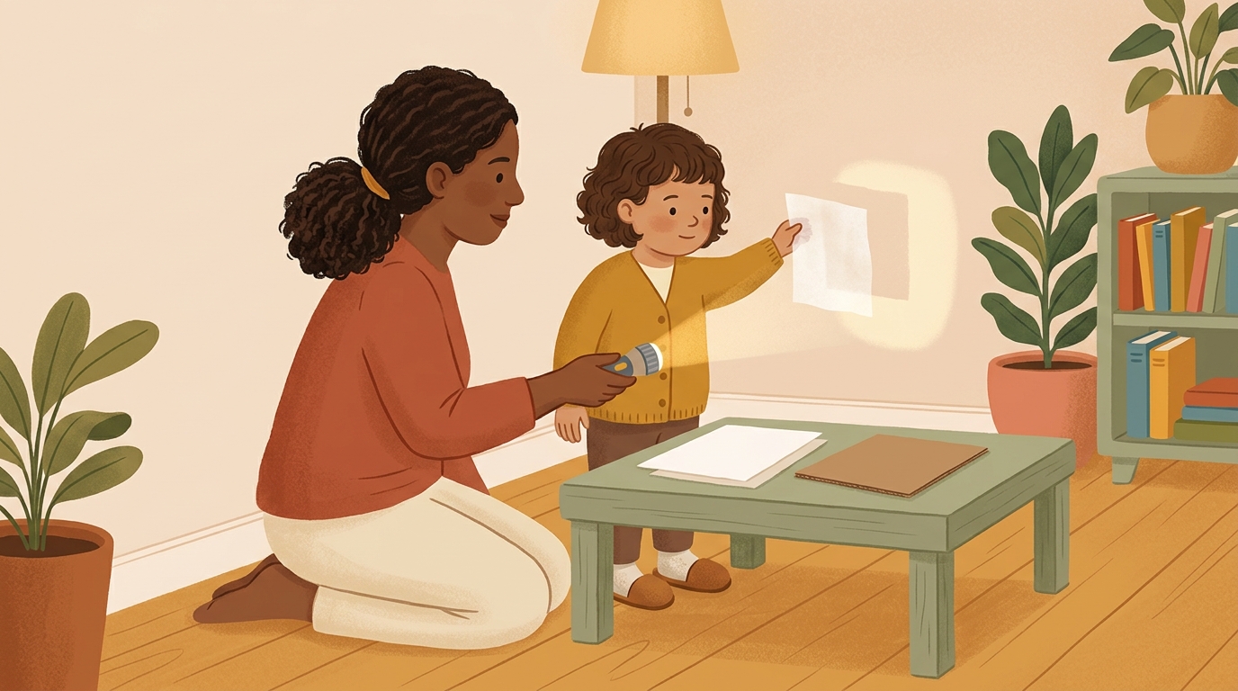 Cartoon illustration of a parent and child at home doing Lantern Light Paper Test.