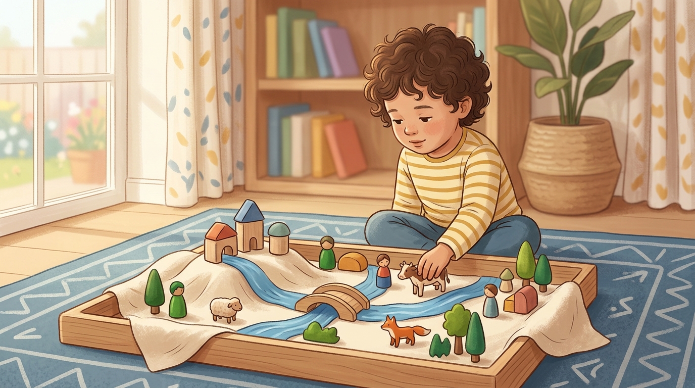 Cartoon illustration of a parent and child at home: set up a small scene - a tray with cloth, blocks for houses or hills, animal figurines.