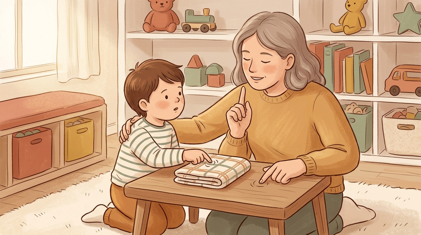 Cartoon illustration of a parent and child at home doing Towel Muffle Test.