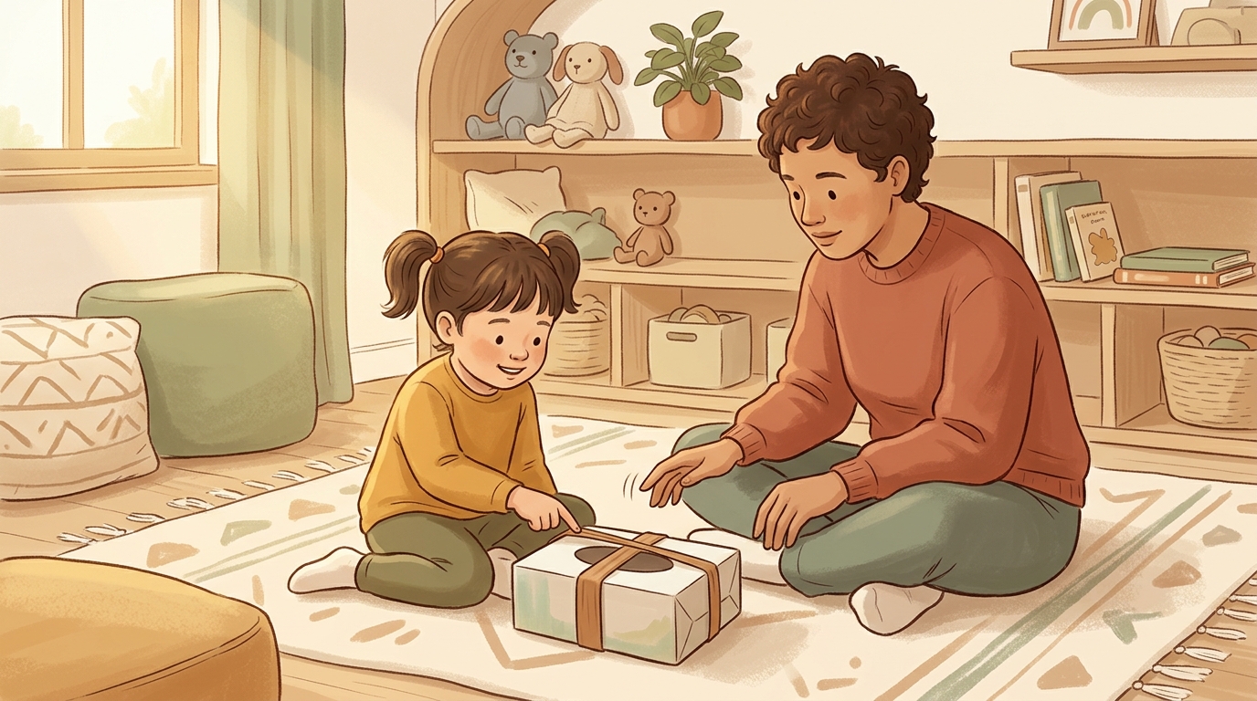 Cartoon illustration of a parent and child at home doing String Sounds First.
