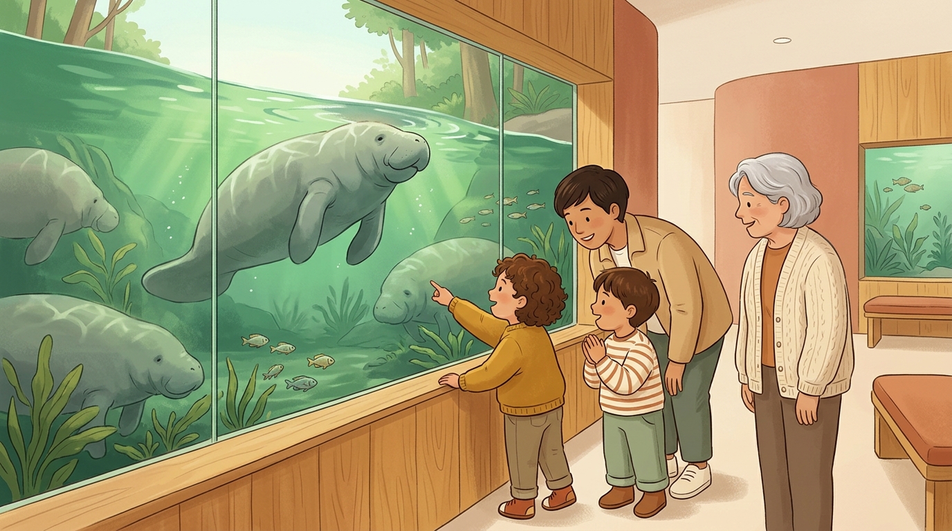 Cartoon illustration of a parent and child at home doing Manatee Surface Watch.
