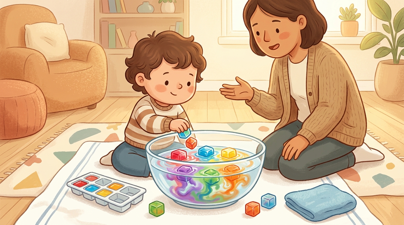 Cartoon illustration of a parent and child at home: a sensory exploration of melting coloured ice cubes in warm water.