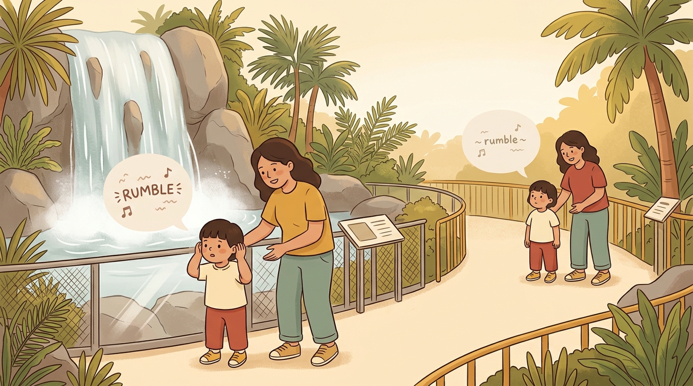 Cartoon illustration of a parent and child at home doing Waterfall Near Far.
