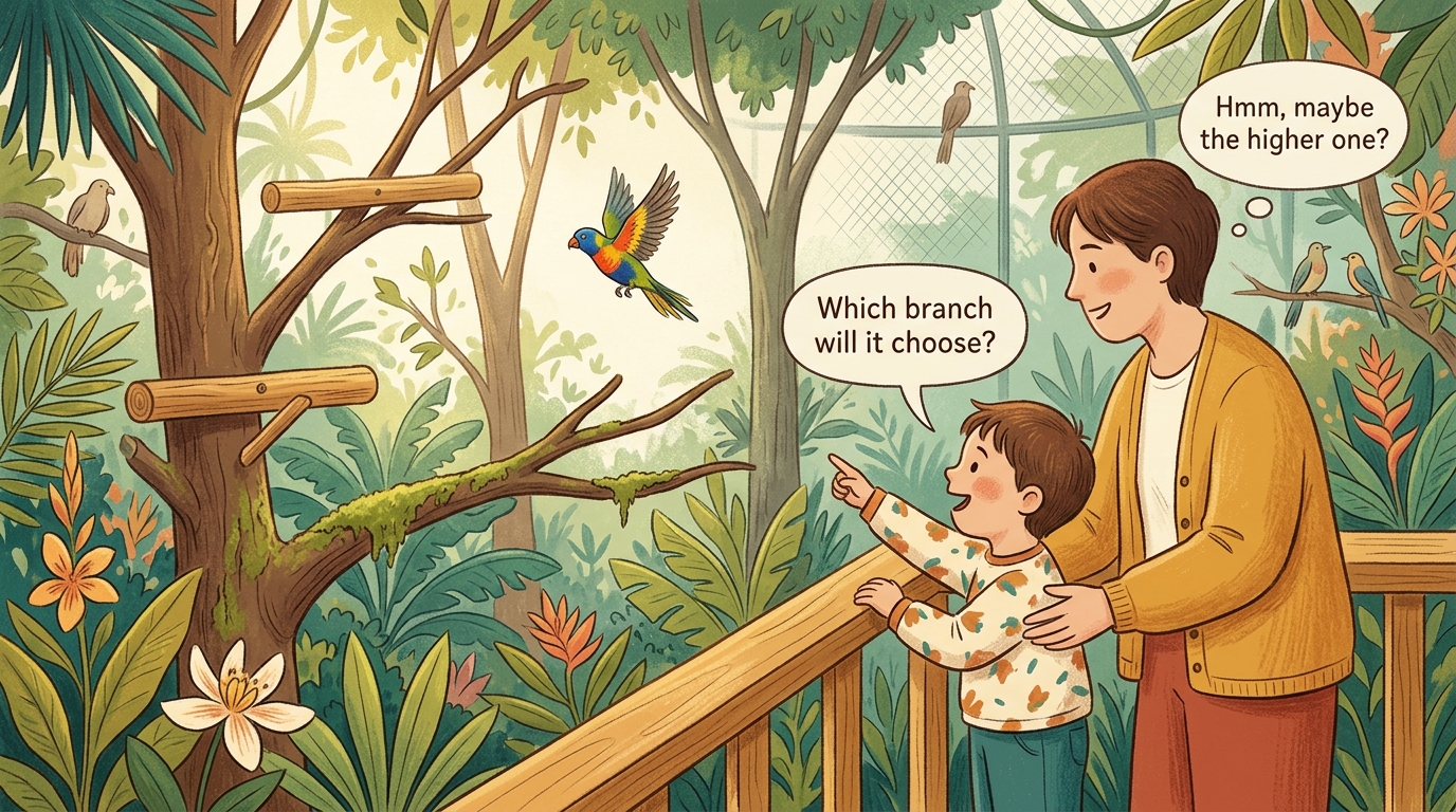 Cartoon illustration of a parent and child at home doing Where Will It Settle.