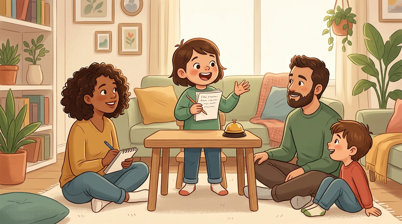 Cartoon illustration of a parent and child at home doing Host a Quiz Show.