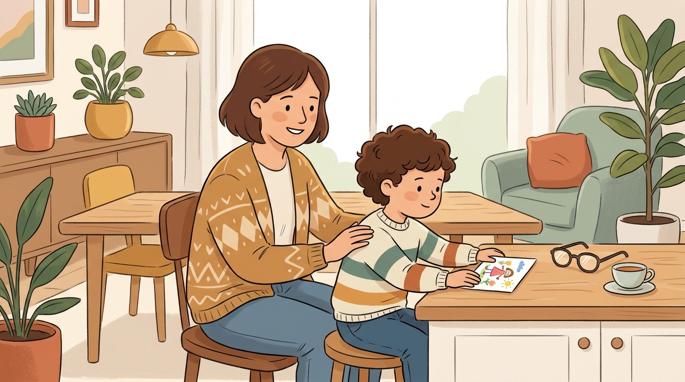 Cartoon illustration of a parent and child at home doing Secret Kindness Mission.