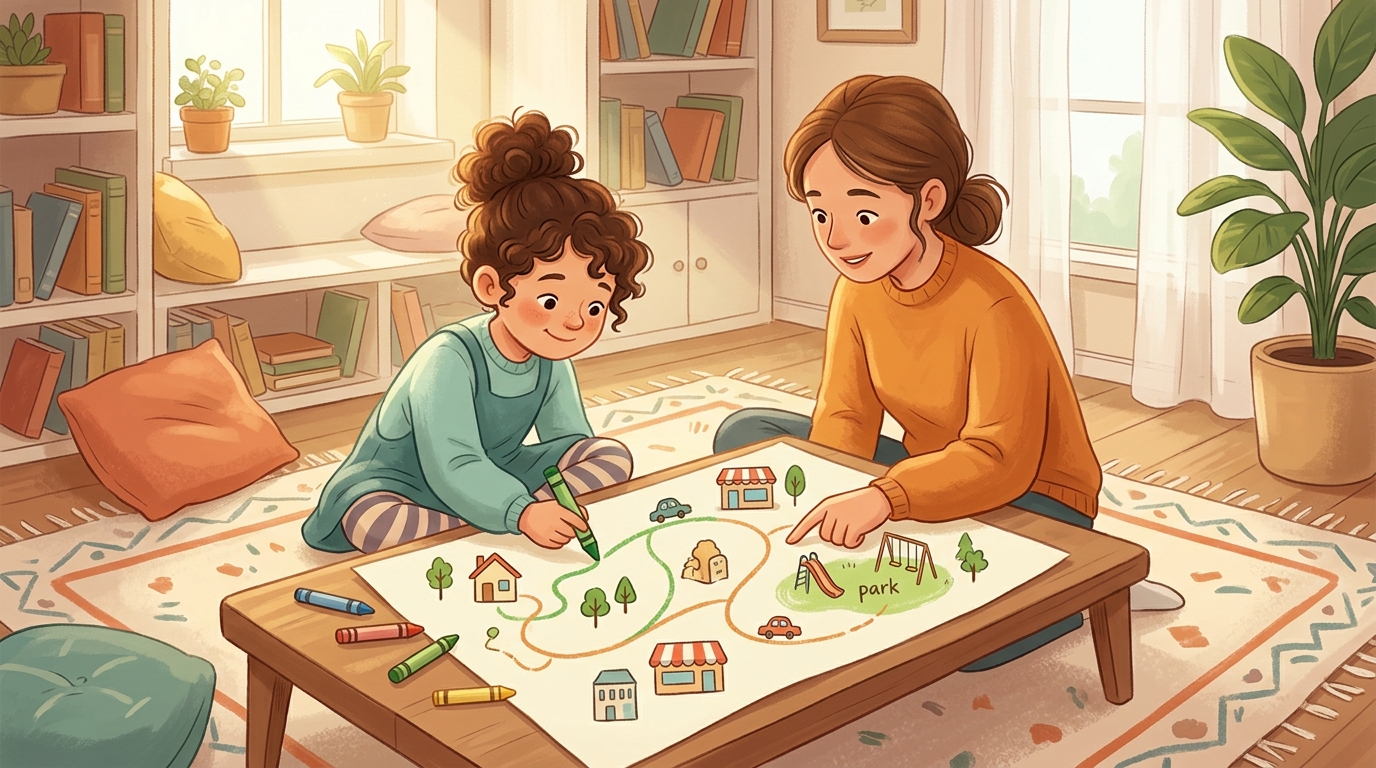 Cartoon illustration of a parent and child at home doing Map My Route.