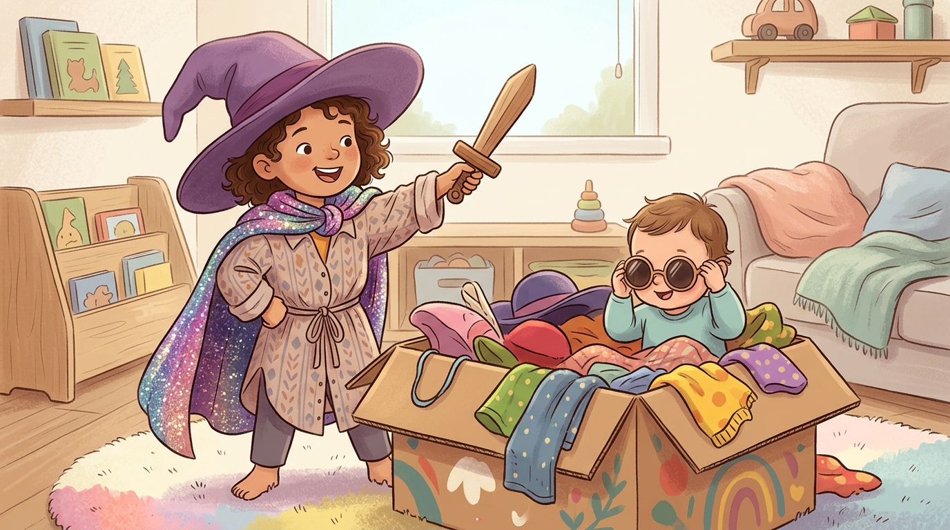 Cartoon illustration of a parent and child at home: gather old clothes, scarves, hats, fabric scraps into a box.