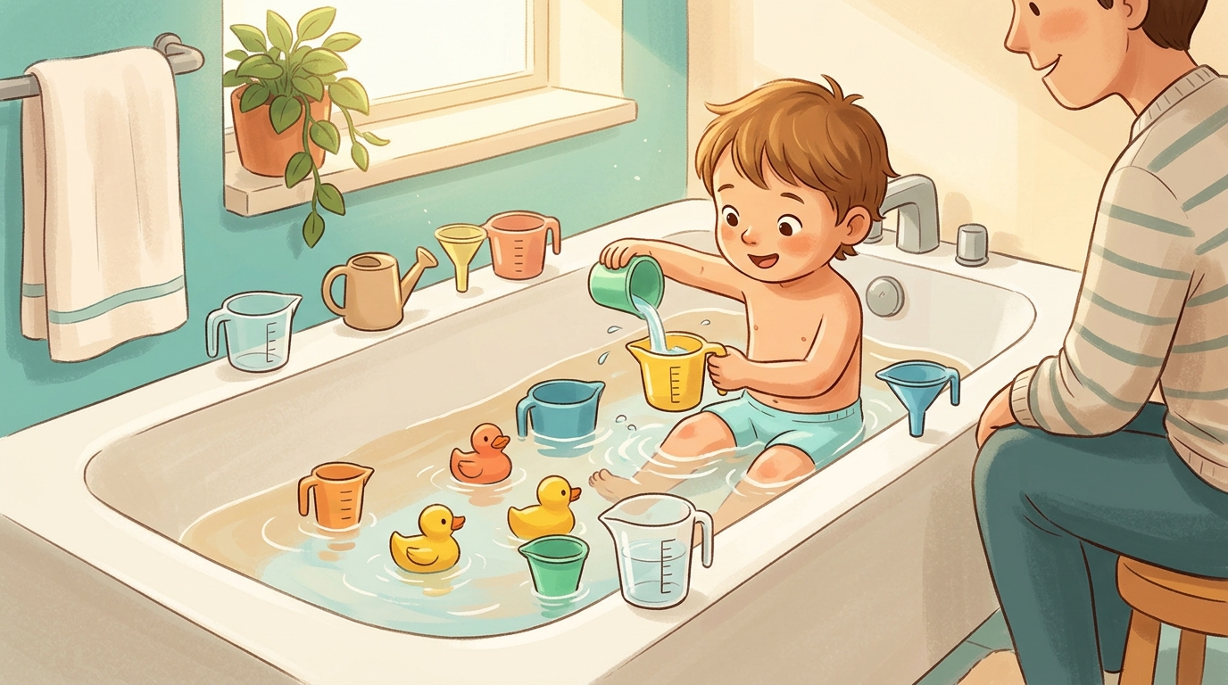 Cartoon illustration of a parent and child at home doing Bath Station.