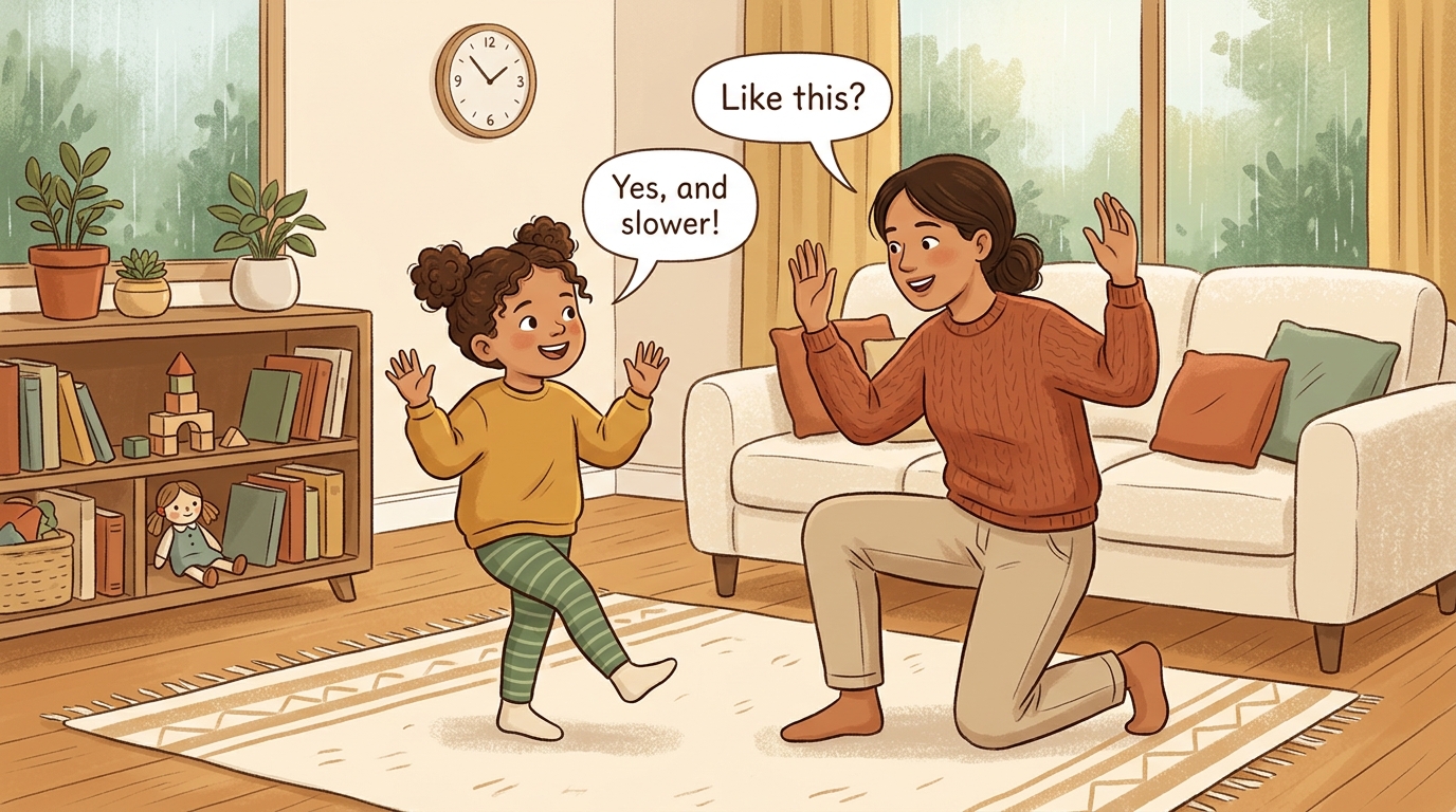 Cartoon illustration of a parent and child at home doing You Teach Me One Move.