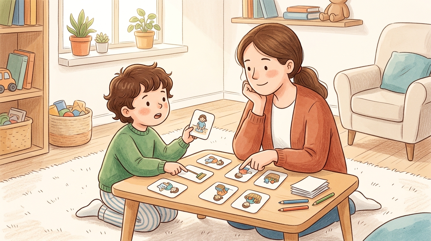 Cartoon illustration of a parent and child at home doing Chore Swap Negotiation.