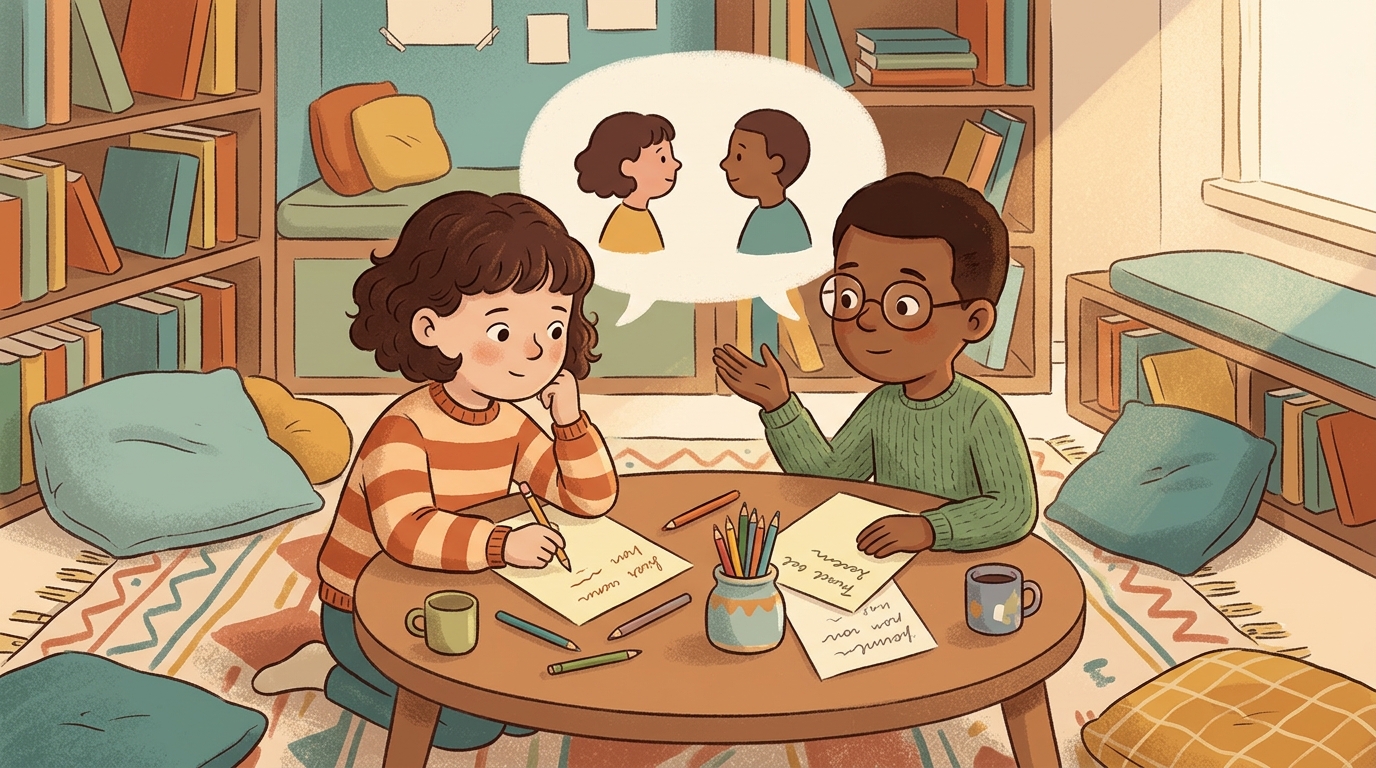 Cartoon illustration of a parent and child at home doing Letter from Their View.