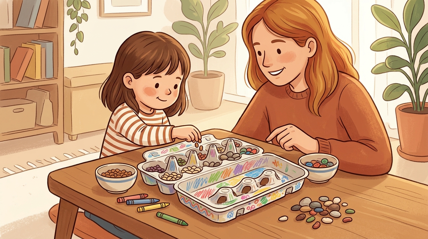Cartoon illustration of a parent and child at home doing Egg Carton Board Game.