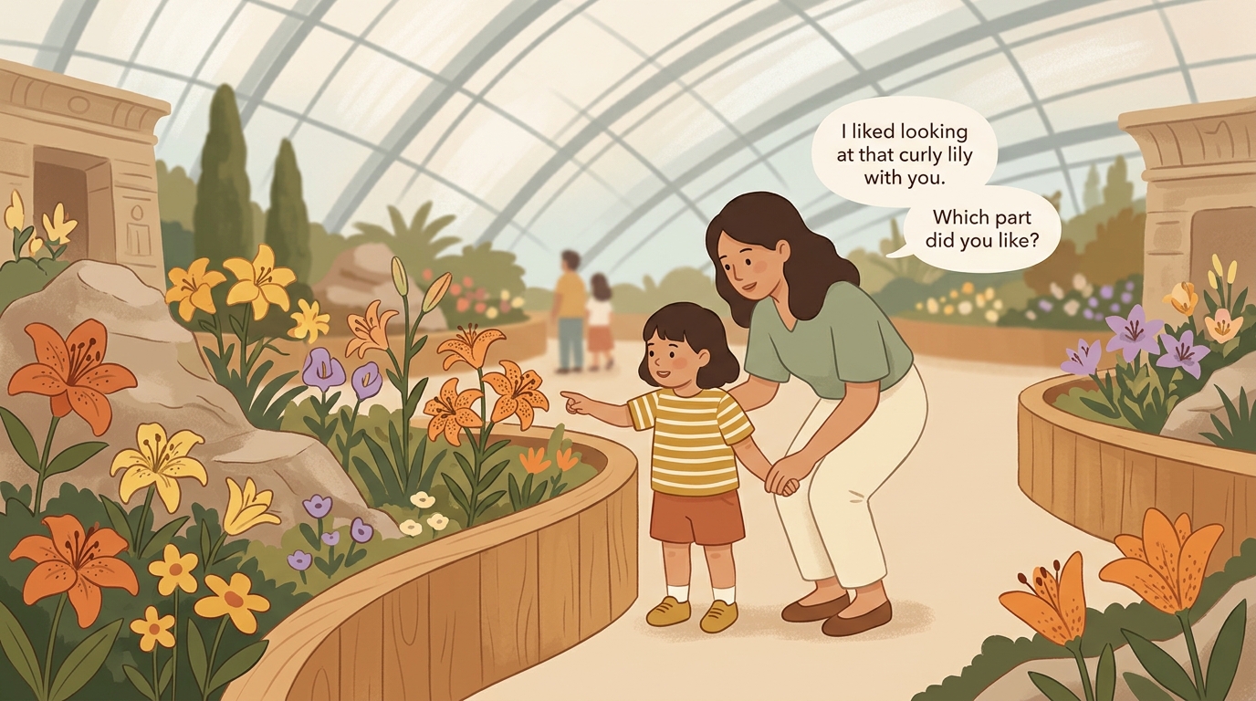Cartoon illustration of a parent and child at Lilytopia in the Flower Dome doing Lilytopia Our Garden Story.