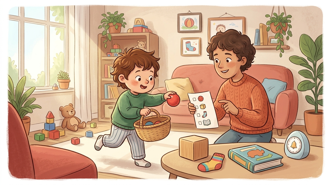 Cartoon illustration of a parent and child at home: child finds a list of everyday items around the home in a race against the clock.
