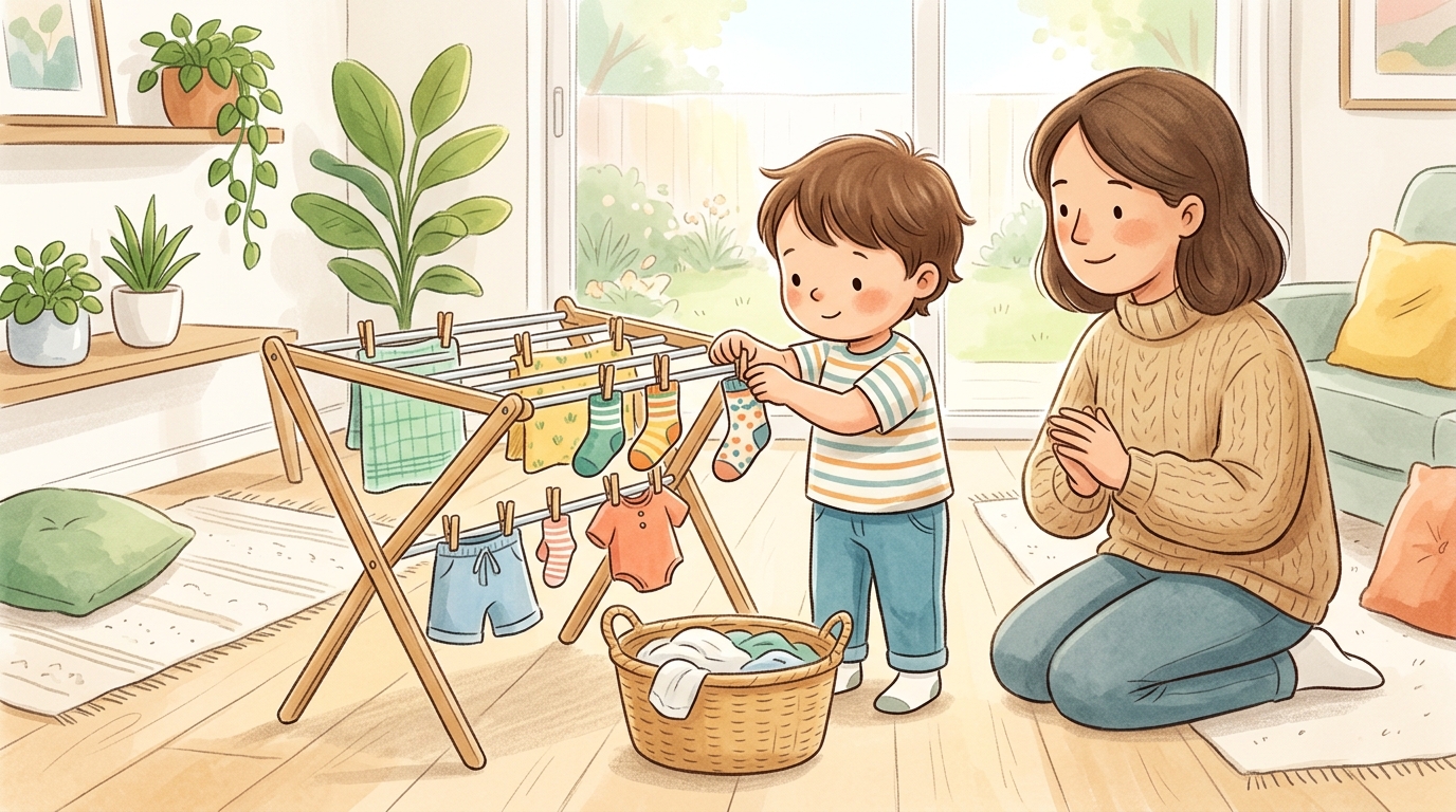 Cartoon illustration of a parent and child at home doing Hang the Laundry.