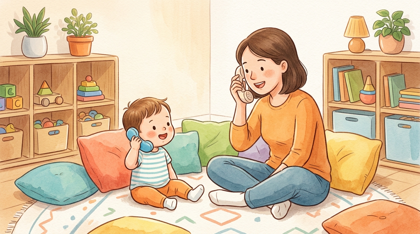 Cartoon illustration of a parent and child at home doing Pretend Phone Chat.
