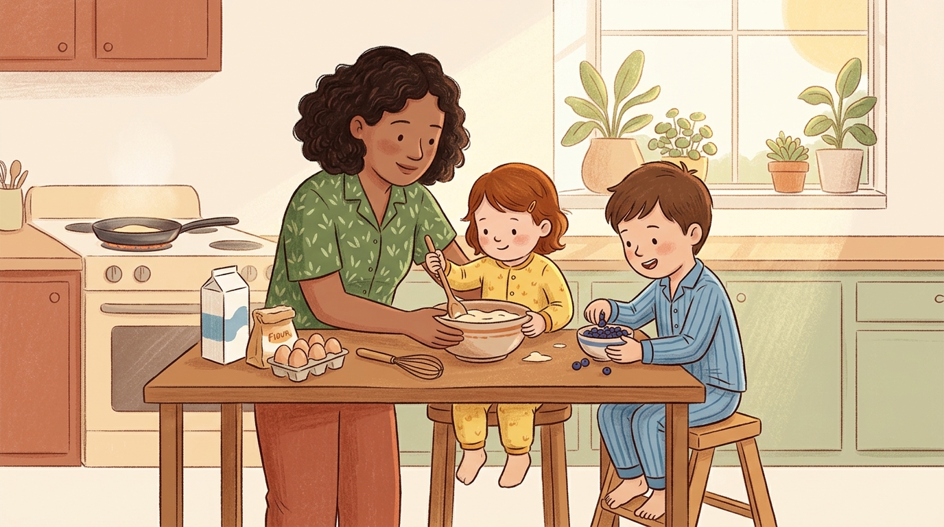 Cartoon illustration of a parent and child at home doing Slow Weekend Breakfast.