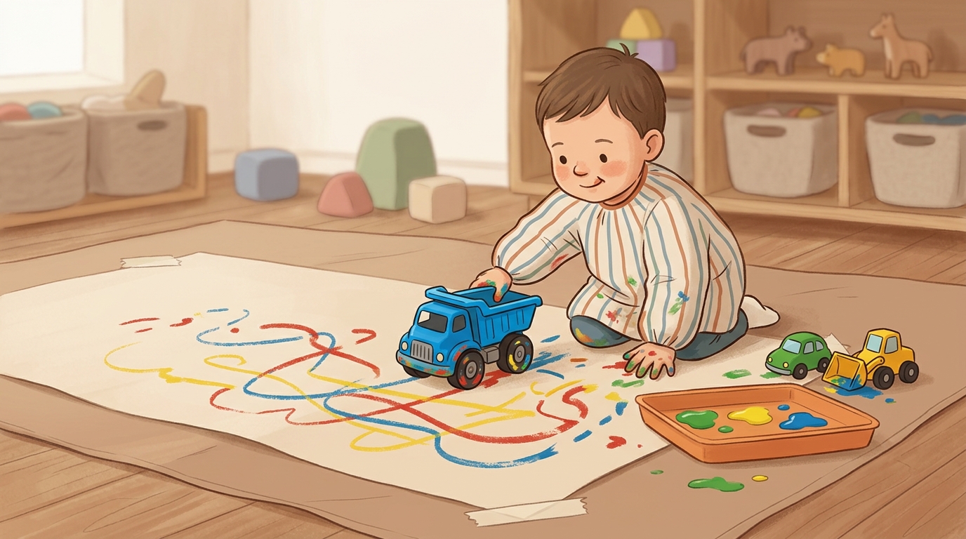 Cartoon illustration of a parent and child at home doing Wheels in Paint Tracks.