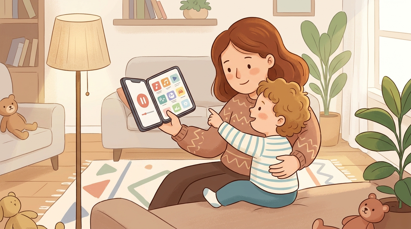 Cartoon illustration of a parent and child at home doing Screen-Off Song.