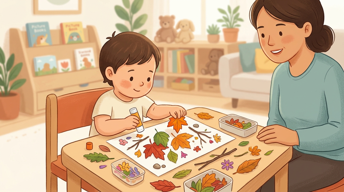 Cartoon illustration of a parent and child at home doing Nature Collage.