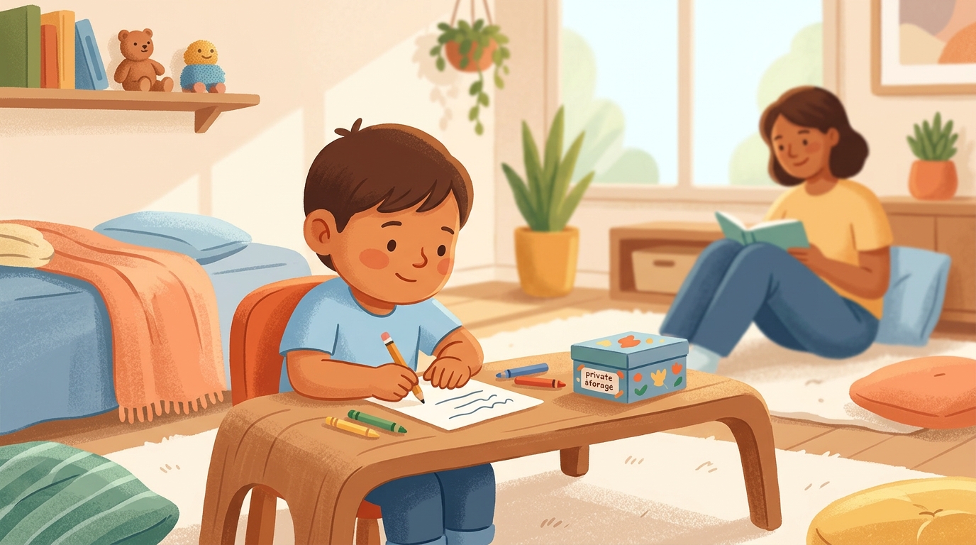 Cartoon illustration of a parent and child at home doing Write Your Personal Manifesto.