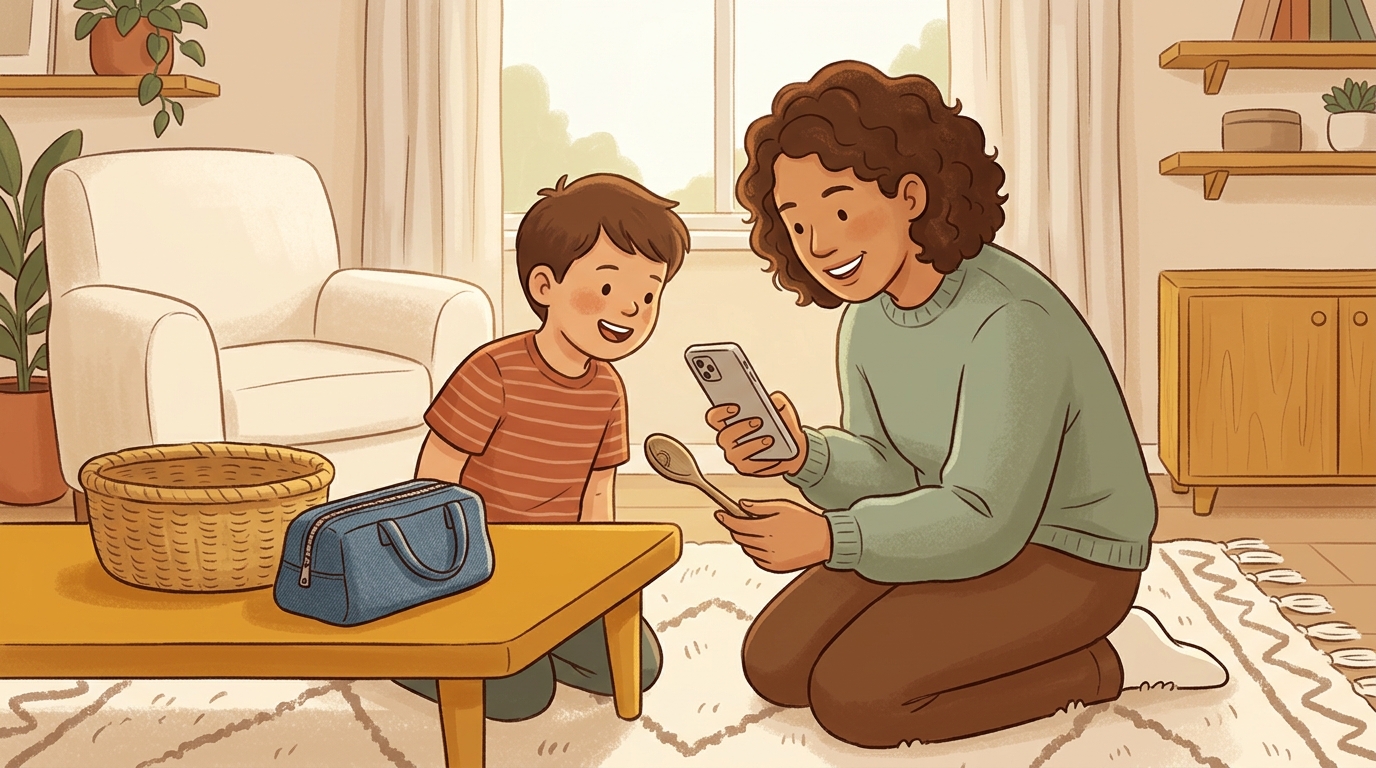 Cartoon illustration of a parent and child at home doing Object Closeup Challenge.