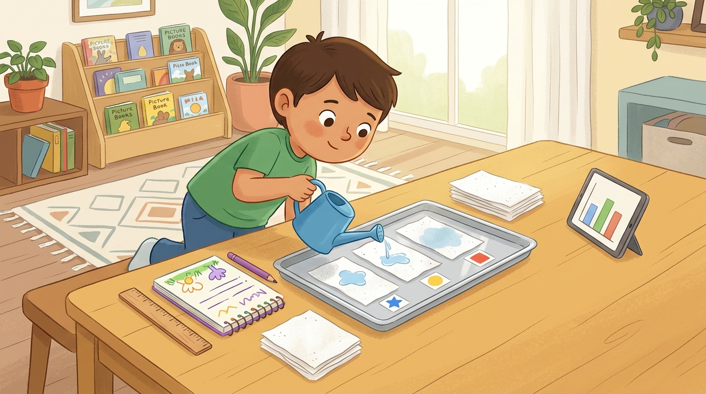 Cartoon illustration of a parent and child at home doing Independent Investigation.