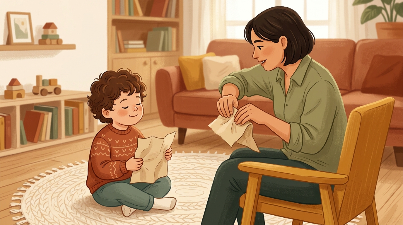 Cartoon illustration of a parent and child at home doing Paper Sound Detective.